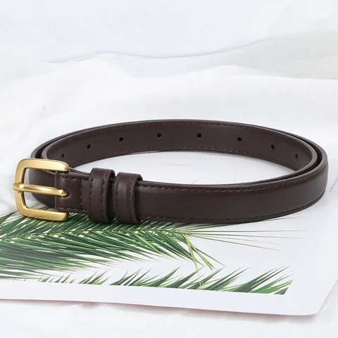 Damen Retro Schmaler PU-Ledergürtel Goldene Legierung Dornschließe Dekorativer Taillengürtel Für Jeans Kleider Modeaccessoire