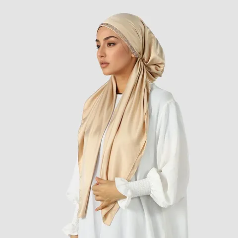 Etnische Satijnen Hijab Tulband Hoed Voor Vrouwen Mode Strass Stretch Hoofddoek Moslim Wrap Hoofddeksels Cap Accessoire