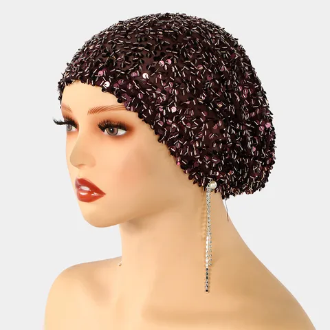 Handmade Heavy Beaded Lace Turban Hat For Women Glamorous Vintage Sequin Beanie With Rhinestone Pearl Tassels Evening Party Headwear