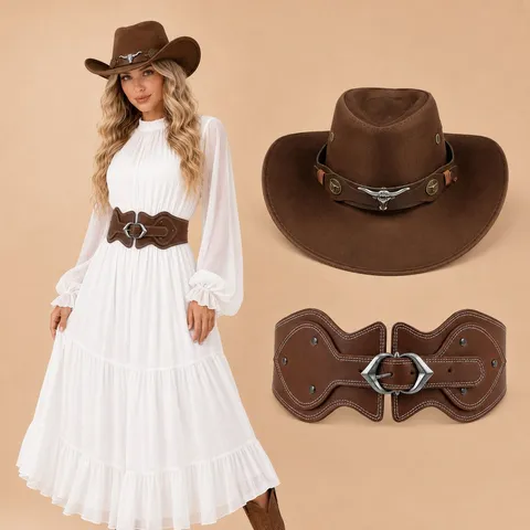 Sombrero de Cowboy Occidental Retro Y Conjunto de Cinturón Ancho de Cuero PU Marrón Estilo Punk Vintage Para Halloween Cosplay Festival de Música Accesorio