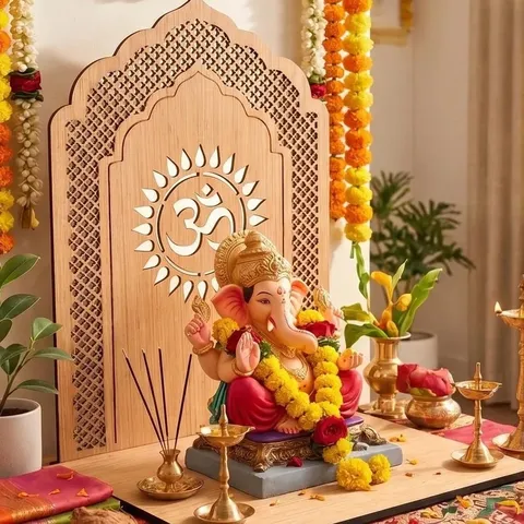 Wooden Hindu Puja Altar Shelf Om Symbol Laser Cut Wall Hanging Decor Zen Meditation Room Religious Spiritual Gift Altar Backdrop Stand