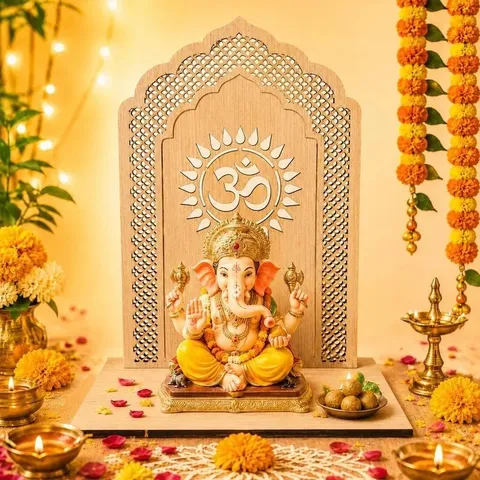 Wooden Hindu Puja Altar Shelf Om Symbol Laser Cut Wall Hanging Decor Zen Meditation Room Religious Spiritual Gift Altar Backdrop Stand