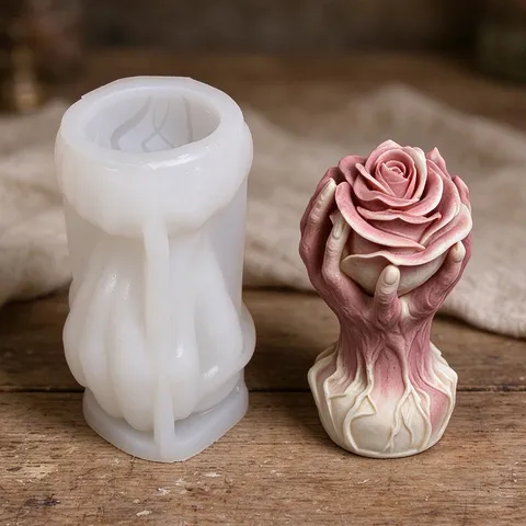 Stampo in Silicone per Candele a Forma di Rosa con Mano di Fantasma Halloween Horror Gotico Mano di Teschio che Regge un Fiore per Gesso Sapone Resina