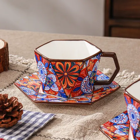 Böhmische Keramik Kaffeetasse Und Untertasse Set Handbemalte Blumen Sechseckige Form Retro Latte Becher Für Zuhause Büro Geschenk