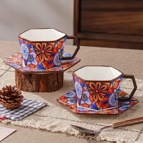 Böhmische Keramik Kaffeetasse Und Untertasse Set Handbemalte Blumen Sechseckige Form Retro Latte Becher Für Zuhause Büro Geschenk