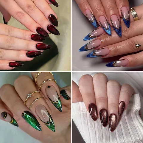 Uñas Postizas de Ojo de Gato de Lujo Forma de Almendra Larga Con Pegatina de Pegamento de Gelatina y Lima de Uñas para Decoración de Manicura de Mujer
