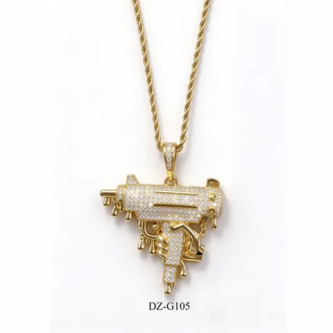 Collana con Ciondolo a Pistola Uzi Hip Hop Iced Out Drip Rame Zirconia Gioielli Bling per Uomo Donna Oro Argento Oro Rosa