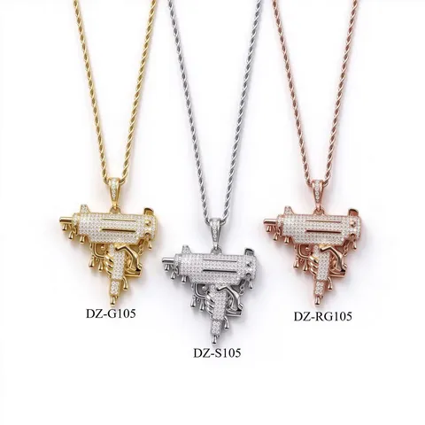 Collana con Ciondolo a Pistola Uzi Hip Hop Iced Out Drip Rame Zirconia Gioielli Bling per Uomo Donna Oro Argento Oro Rosa