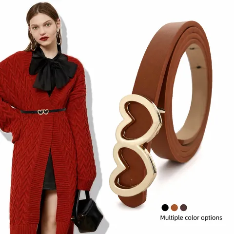Women Fashion Skinny Belt PU Leather Double Heart Buckle Slim Waist Strap Simple Versatile Waistband For Dress Pants Lady Accessory