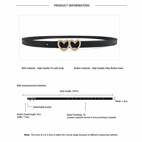 Women Fashion Skinny Belt PU Leather Double Heart Buckle Slim Waist Strap Simple Versatile Waistband For Dress Pants Lady Accessory