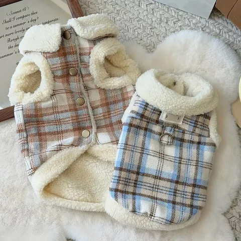Verdickter Karierter Haustier Baumwollmantel Warme Hundejacke Mit D-Ring Leinenanschluss Herbst Winter Sherpa Fleece Hundebekleidung Für Kleine Hunde Katzen