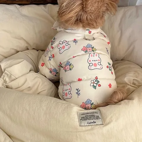 Cute Rabbit Flower Pattern Padded Pet Vest With D-Ring Leash Attachment Warm Thickened Small Dog Cotton Coat For Autumn Winter