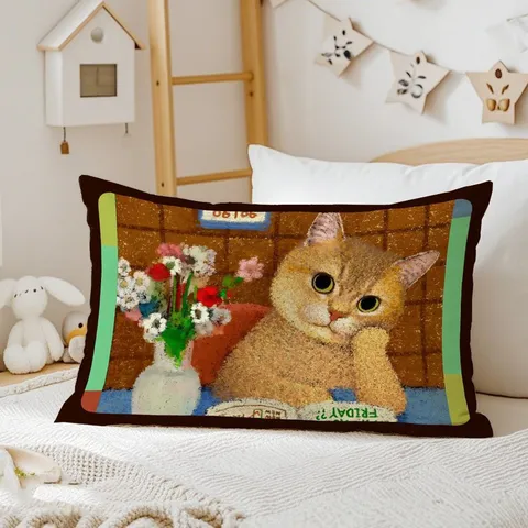 Coussin Décoratif Chat Dessin Animé Rétro Peluche Rectangulaire pour Canapé Chevet Décor Housse Amovible et Lavable Avec Noyau