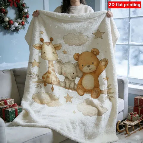 Cartoon Bär Giraffe Elefant Flanelldecke Süßer Tierdruck Weiche Warme Baby Kinder Mittagsdecke Weiße Polyesterdecke für Büro Schlafzimmer Reise