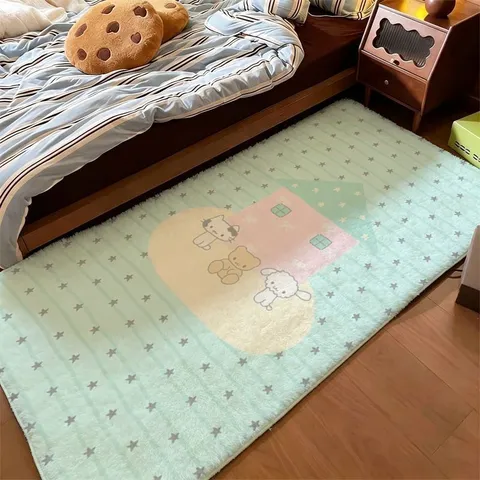 Ins Style Cute Cartoon Cat Polka Dot Faux Cashmere Rug Soft Washable Non-Slip Bedside Runner For Living Room Bedroom Kids Room Home Decor