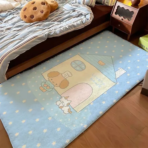 Ins Style Cute Cartoon Cat Polka Dot Faux Cashmere Rug Soft Washable Non-Slip Bedside Runner For Living Room Bedroom Kids Room Home Decor