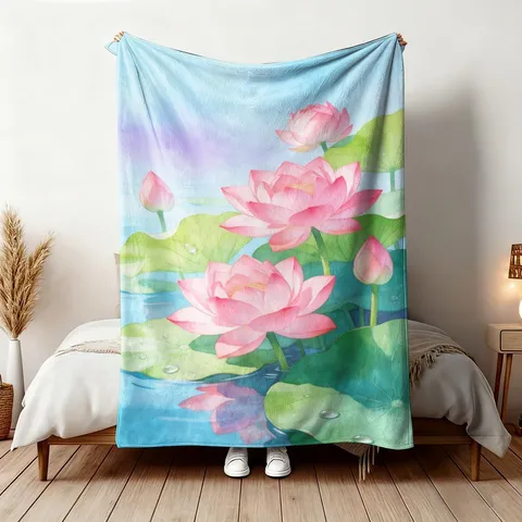 Manta de franela con estampado de flores de loto Manta de vellón suave para sofá cama viaje dormitorio adultos manta de chal decorativa