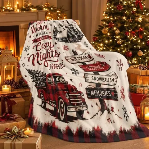 American Retro Red Truck Flannel Blanket Christmas Tree Snow Pattern Polyester Plush Throw Blanket For Sofa Home Decor Gift