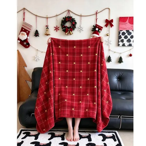 Coperta di Flanella a Quadri Rossi e Stelle di Natale Coperta Morbida in Pile Retrò per Divano Letto Decorazione Natalizia