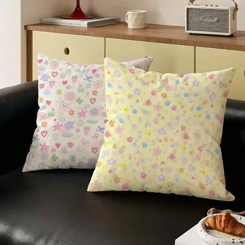 Fresh Macaron Floral Throw Pillow Case And Core Soft Plush Square Cushion Cover Pink Bear Heart Print Pillow For Sofa Bedroom Home Decor