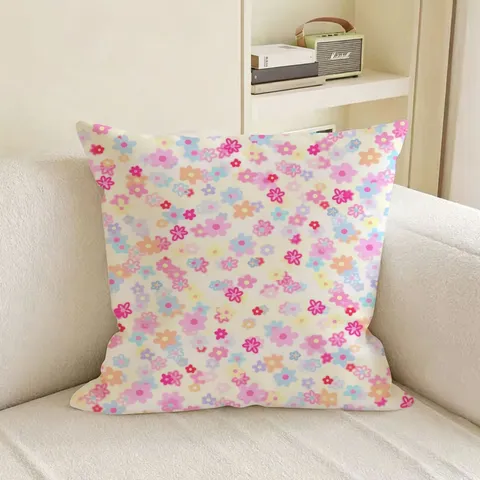 Fresh Macaron Floral Throw Pillow Case And Core Soft Plush Square Cushion Cover Pink Bear Heart Print Pillow For Sofa Bedroom Home Decor