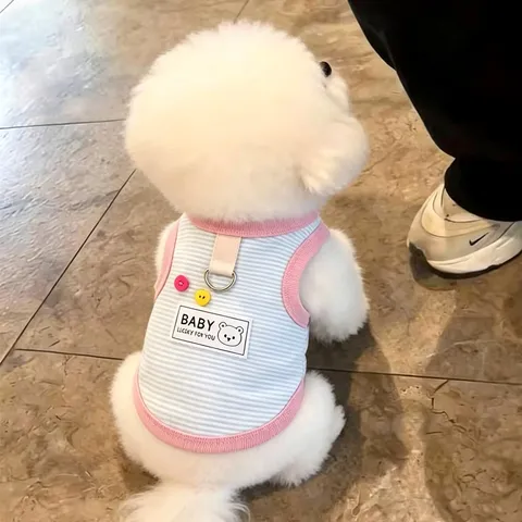 Striped Pet Vest With Leash D-Ring Soft Breathable Cotton Dog Clothes Tank Top For Small Dogs Cats Puppy Kitten Summer Pet Apparel Pink Green