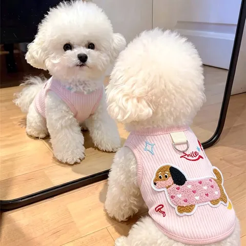 Schattige Cartoon Teckel Geborduurd Huisdiervest Met D-ring Harnas Gebreid Ademend Puppy Kattenkleding Voor Kleine Honden Teddy