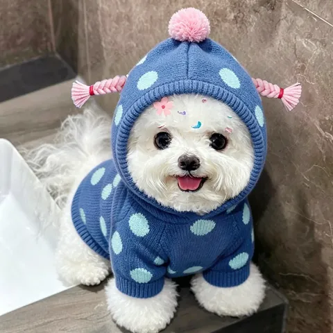 Lindo Suéter de Punto para Mascotas Sudadera con Capucha para Perros a Lunares con Trenzas Ropa Cálida de Otoño Invierno para Perros Pequeños Gatos