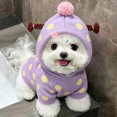 Lindo Suéter de Punto para Mascotas Sudadera con Capucha para Perros a Lunares con Trenzas Ropa Cálida de Otoño Invierno para Perros Pequeños Gatos
