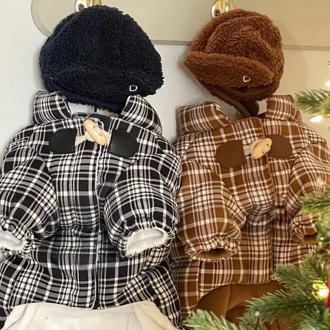 Plaid Pet Padded Jacket Thickened Warm Dog Clothes For Small Dogs Teddy Bichon Winter Fleece Lining Coat With Toggle Buttons And D-Ring