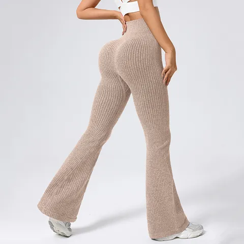 Women High Waist Flare Yoga Pants Ribbed Knit Tummy Control Bootcut Leggings Butt Lifting Gym Fitness Workout Active Bottoms Nylon Spandex Ribbed Texture Trousers