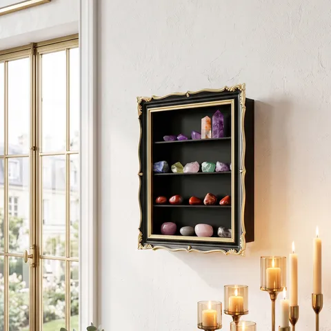 French Baroque Resin Carved Wall Hanging Display Box Gold Framed Wall Shelf For Crystal Specimen Collection Home Decor