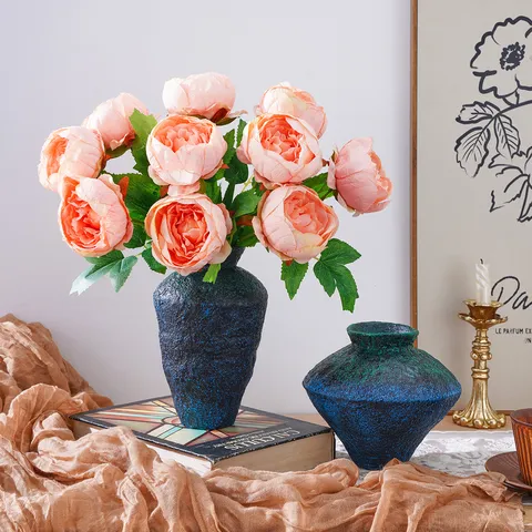 Bouquet de Pivoines en Soie Artificielle Rétro Avec Vase en Céramique Pivoines Orange Fait Main pour Décoration de Table Mariage