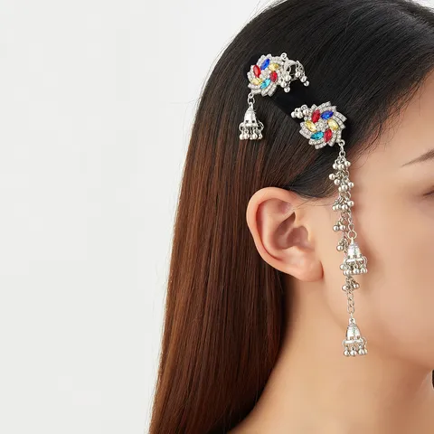 Ethnic Style Rhinestone Flower Tassel Bell Hair Clip For Women Indian Vintage Zinc Alloy Hair Accessory Party Jewelry