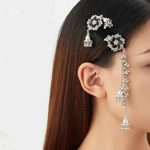 Ethnic Style Rhinestone Flower Tassel Bell Hair Clip For Women Indian Vintage Zinc Alloy Hair Accessory Party Jewelry