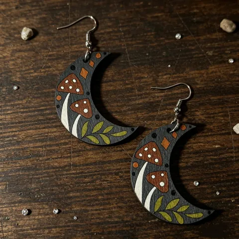Pendientes de Madera con Luna Creciente Estilo Bosque Estampado de Plantas y Setas Vintage Geométricos Colgantes para Mujer