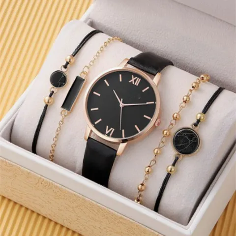Fashion Women Quartz Watch Faux Leather Strap Analog Metal Case Roman Numerals Wristwatch Bracelet Gift Set For Men Women