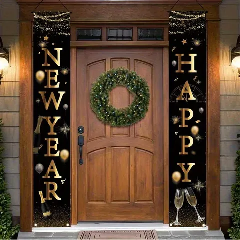 New Year Porch Banners Outdoor Door Couplet Pongee Polyester Banner For Courtyard Happy New Year Party Background Decoration Wall Hanging Flag