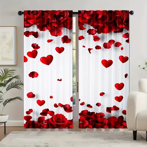 Cortinas de Ventana Estampadas con Rosas y Corazones de San Valentín Romántico Rojo Poliéster para Dormitorio Sala Decoración 2 Paneles