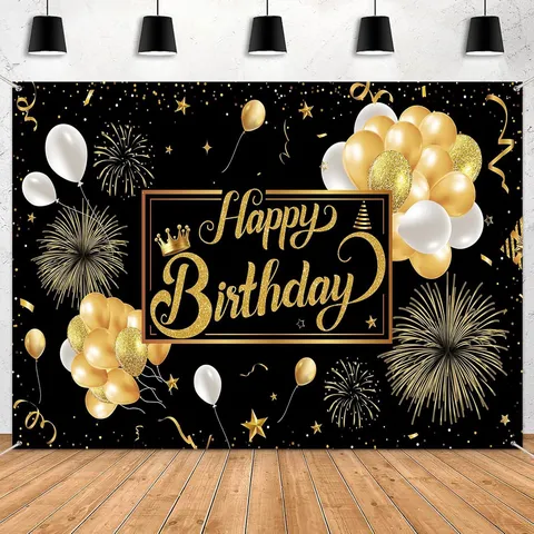 Black Gold Happy Birthday Backdrop Polyester Pongee Party Decoration Balloon Star Theme Photography Prop Celebration Banner