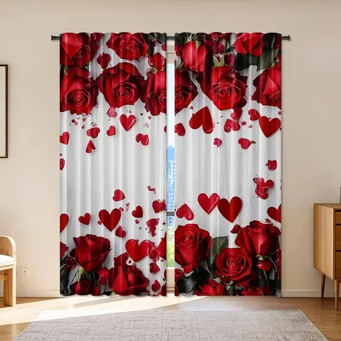 Cortinas de Ventana Estampadas con Rosas y Corazones de San Valentín Romántico Rojo Poliéster para Dormitorio Sala Decoración 2 Paneles