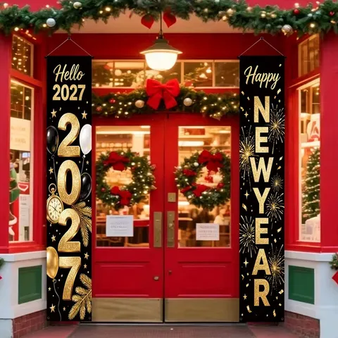 New Year Porch Banners Outdoor Door Couplet Pongee Polyester Banner For Courtyard Happy New Year Party Background Decoration Wall Hanging Flag