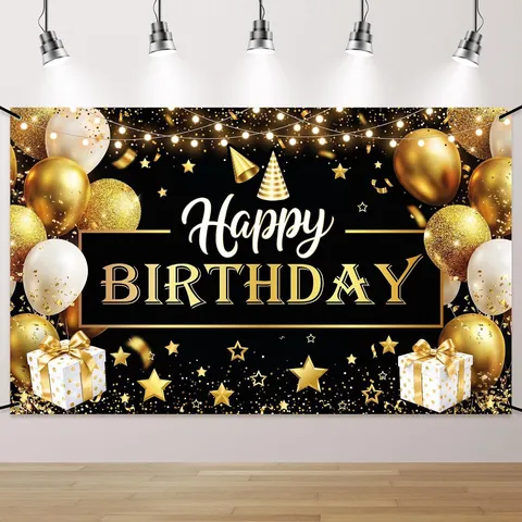 Black Gold Happy Birthday Backdrop Polyester Pongee Party Decoration Balloon Star Theme Photography Prop Celebration Banner