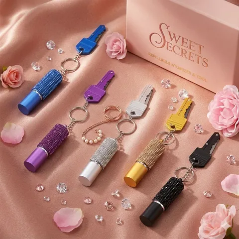 Fashion Metal Rhinestone Refillable Perfume Bottle Keychain With Key Tool Artificial Pearl Bag Pendant For Women Jewelry Gift