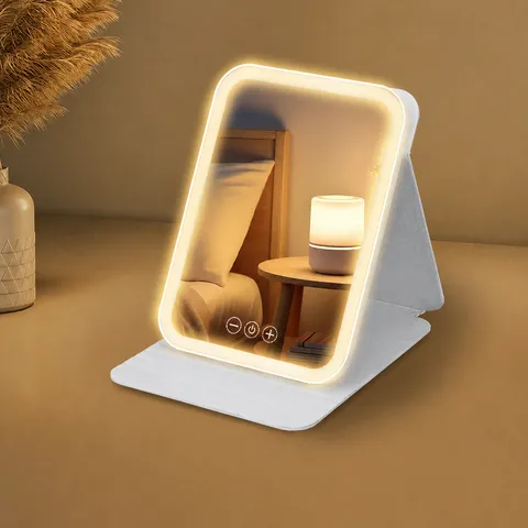 LED Schminkspiegel mit Licht Tragbarer Klappbarer Tischspiegel 3-Farben Dimmbarer Touchscreen Beleuchteter Spiegel für Reisen