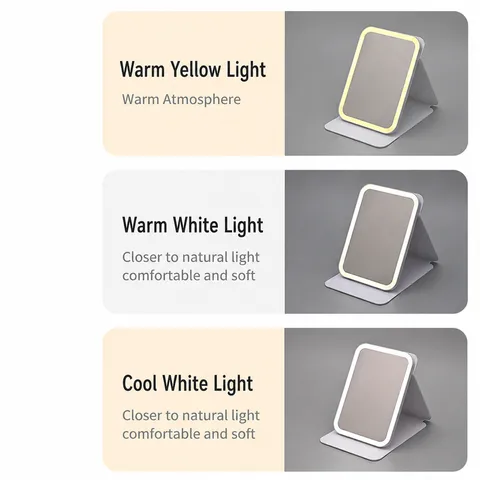 LED Schminkspiegel mit Licht Tragbarer Klappbarer Tischspiegel 3-Farben Dimmbarer Touchscreen Beleuchteter Spiegel für Reisen