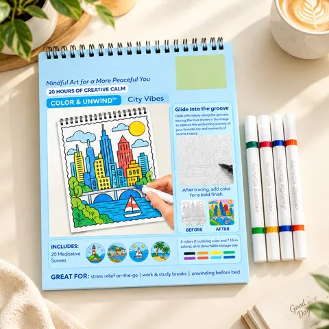 Mindful Cityscape Coloring Book Set Spiral Bound Drawing Book With Acrylic Markers For Adult Stress Relief Art Kit