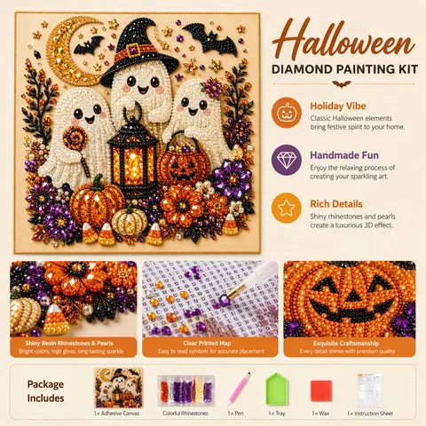 Pintura de Diamante DIY de Halloween Con Diamantes de Imitación Perla Artificial Gnomo Mago Fantasma Calabaza Decoración de Pared Artesanía