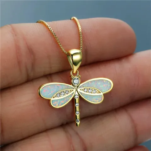 Mode Collier Pendentif Libellule Femmes Alliage Opale Synthétique Zircone Cubique Animal Bijoux Plaqué Or Cadeau