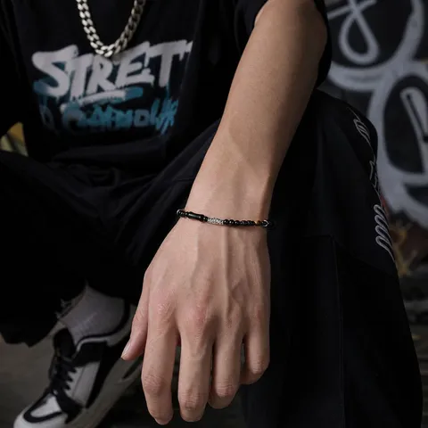 Bracciale Unisex Hip Hop con Perle Dzi e Segmenti di Bambù Design Semplice Nero Pietra Metallo Catena Regolabile Gioielli da Mano